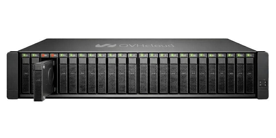 OVHcloud 2U rack server with 24 hot-swap drive bays and green activity LEDs