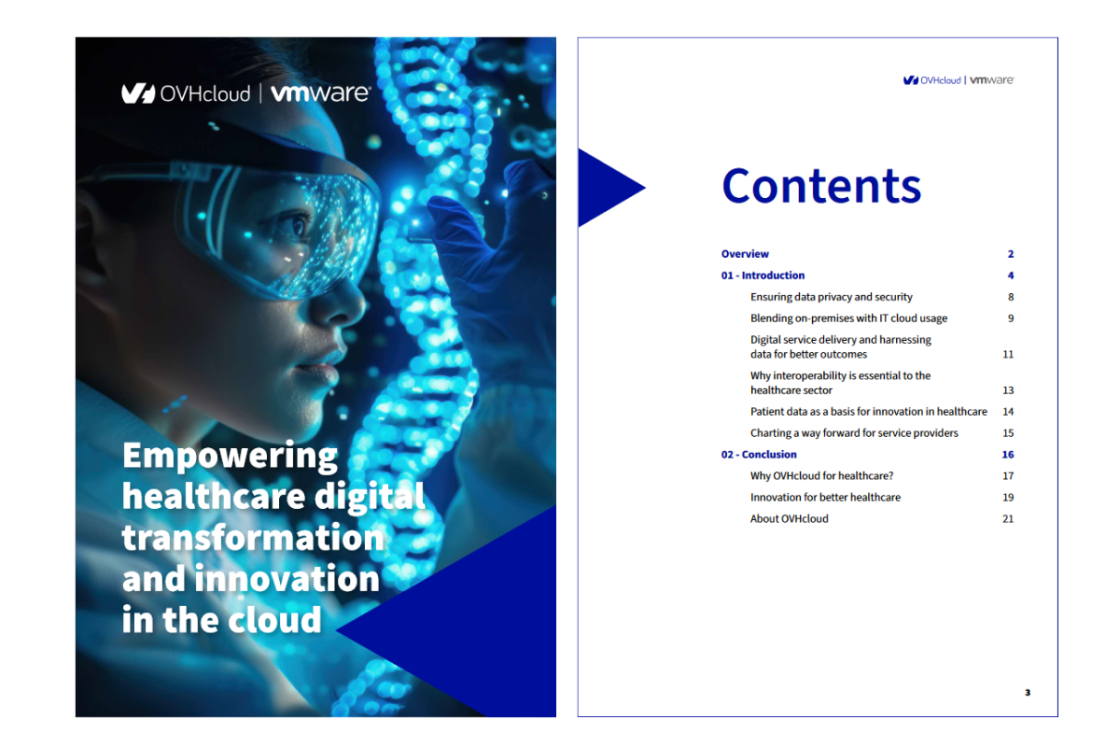 white paper cover presenting a young woman wearing protective glasses and medical apron, in the background a DNA helix