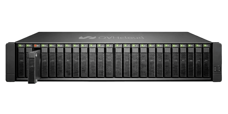 OVHcloud 2U rack server with 24 hot-swap drive bays and green activity LEDs