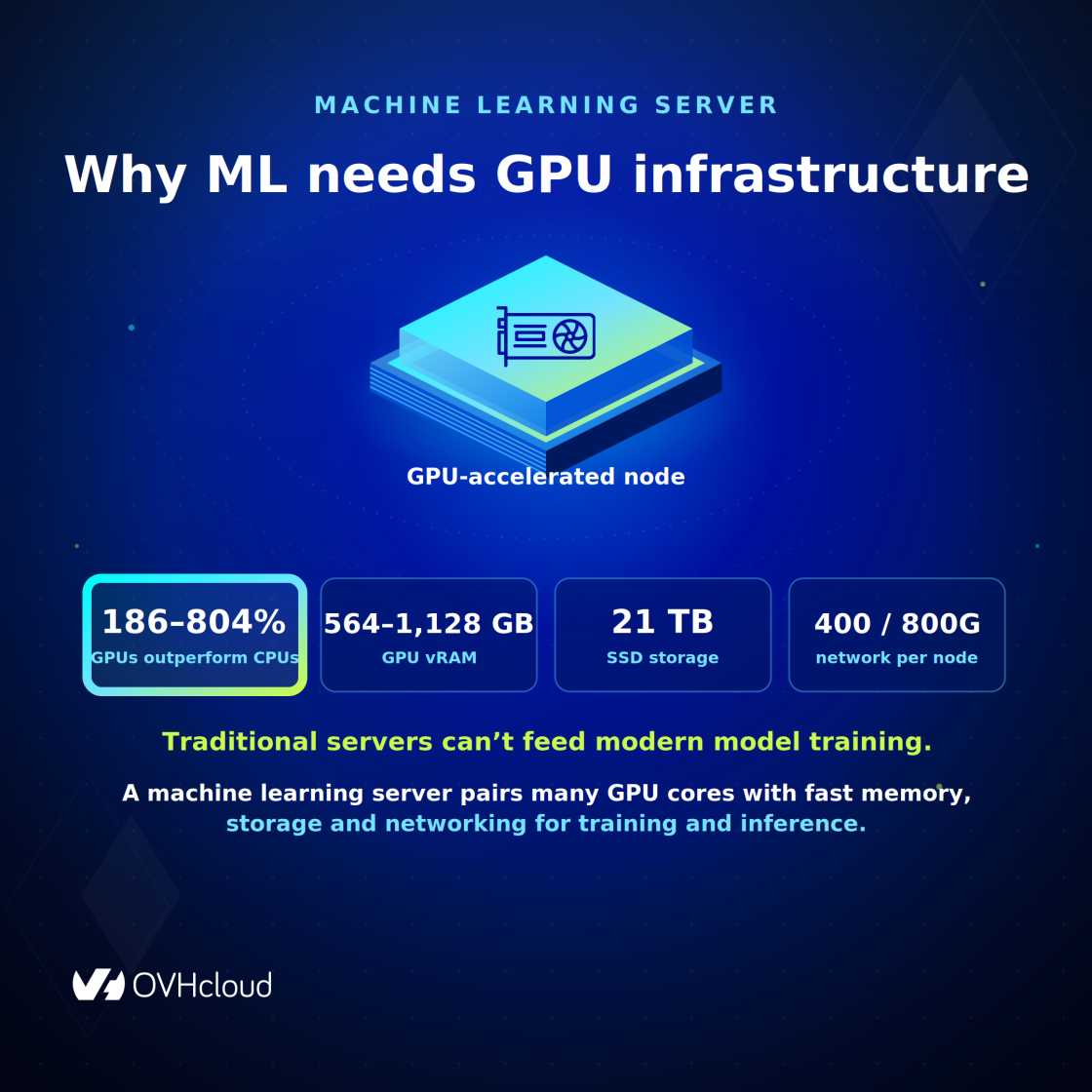 Machine learning server: a GPU-accelerated node with 564–1,128 GB GPU vRAM, 21 TB SSD storage and 400/800G networking for model training and inference.